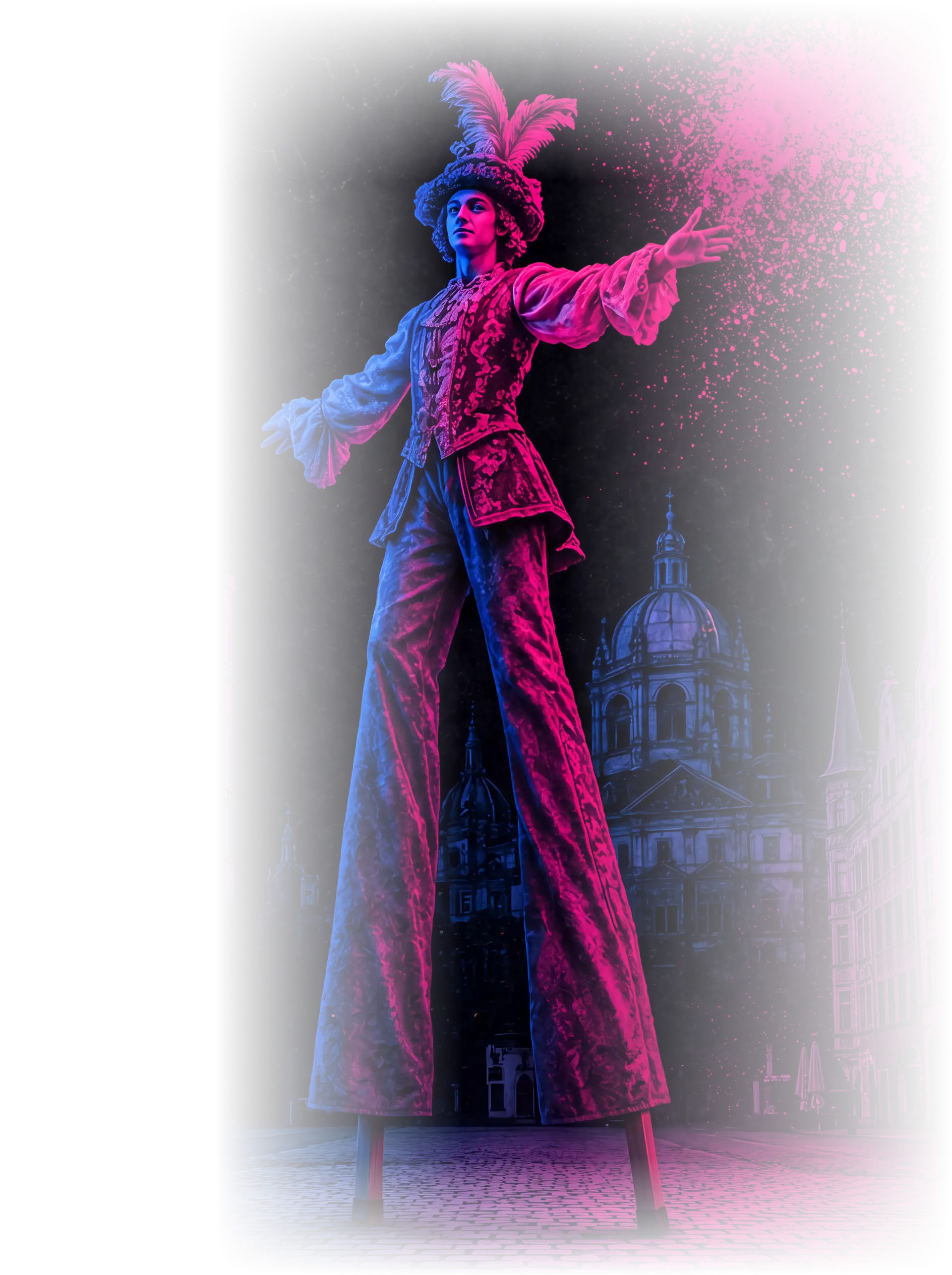 Barokní performer na chůdách před pražskou architekturou